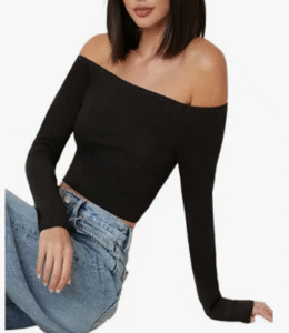 Blusa Dama Crop Top Manga Larga Cuello Bandeja