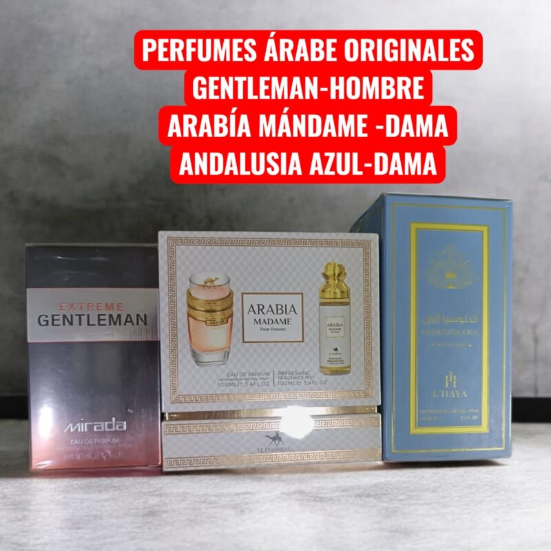 PERFUMES ARABES ORIGINALES PAKET X3 EXTREME GENTLEMAN-HOMBRE, ARABIA MADAME-DAMA, ANDALUSIA AZUL-DAMA